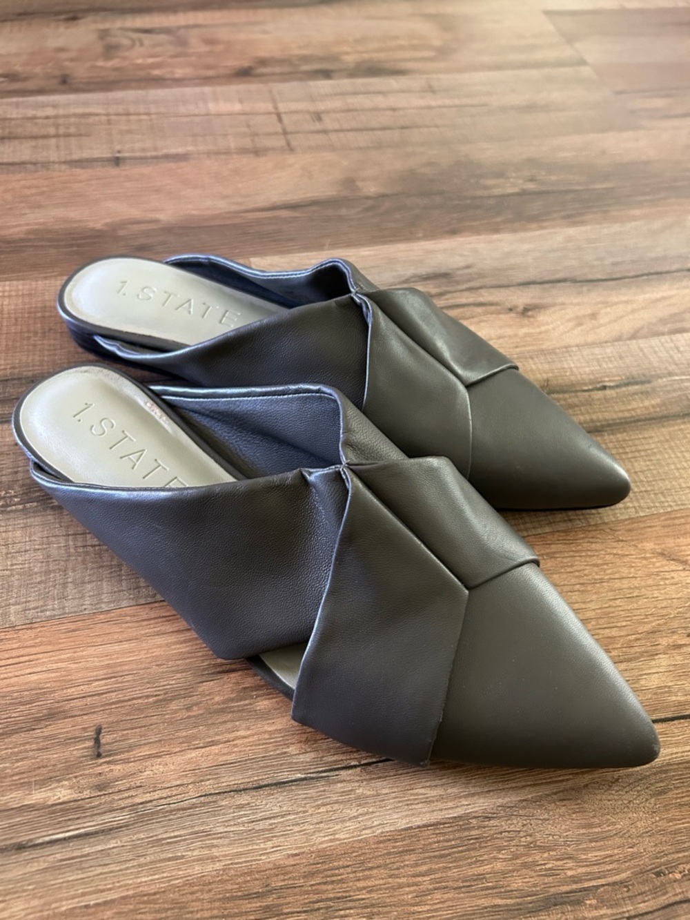 1. State Twisted Pointed Toe Slip-On Mules in Olive